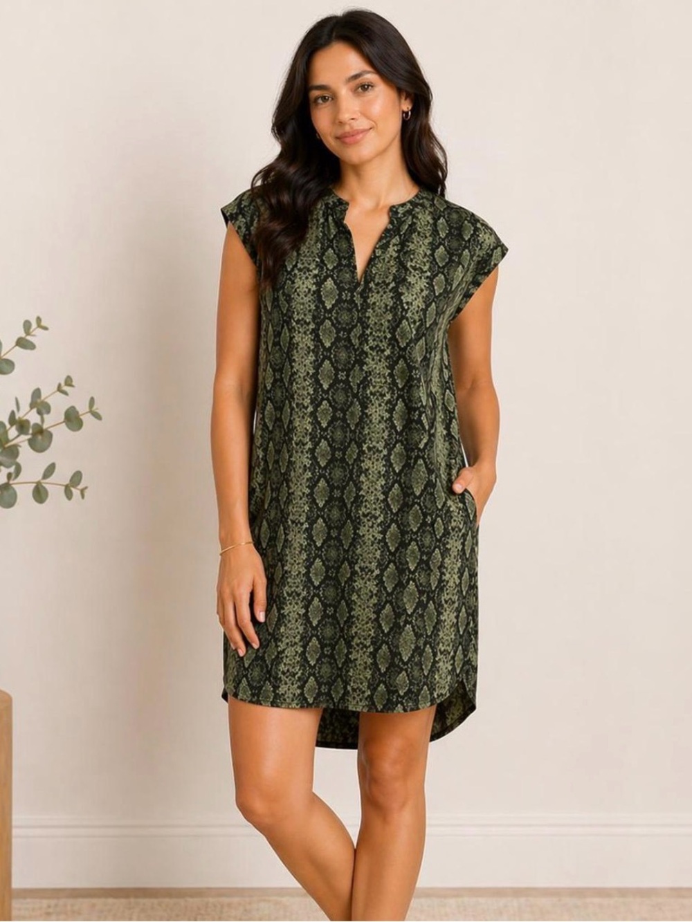Anthropologie Rachel Snake Print Tunic Shift Dress Green Black XS